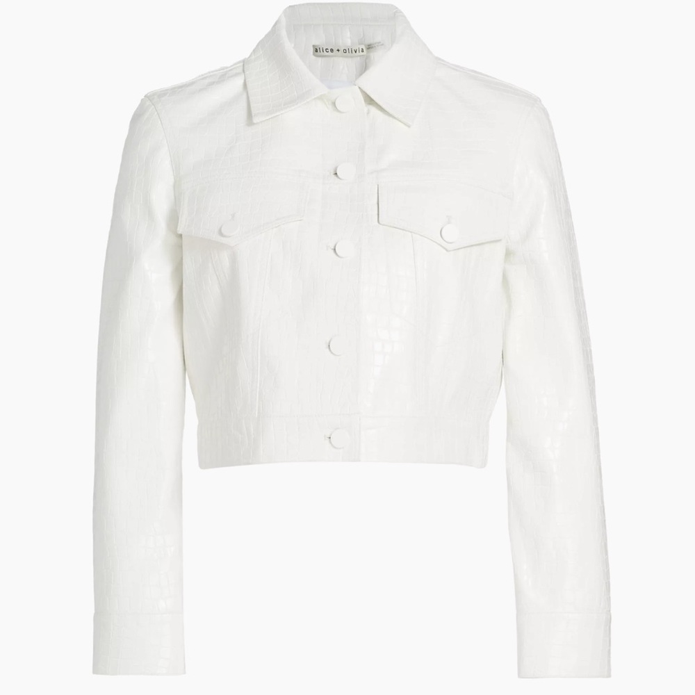 Alice + Olivia Chloe White Croc-Effect Faux Leather Crop Jacket Size XL NWT - Picture 7 of 16